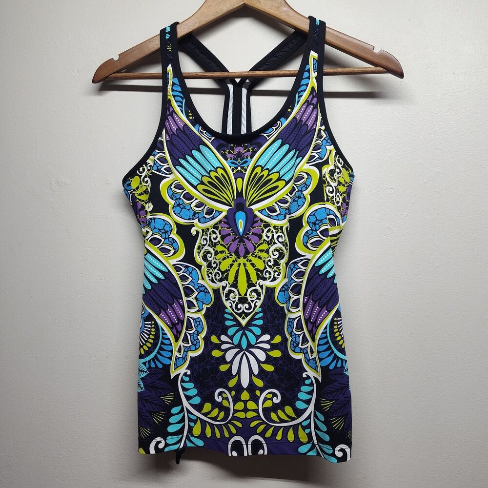 Athleta Tank Top Women M Black Floral Stretch Athletic Activewear Gym Workout